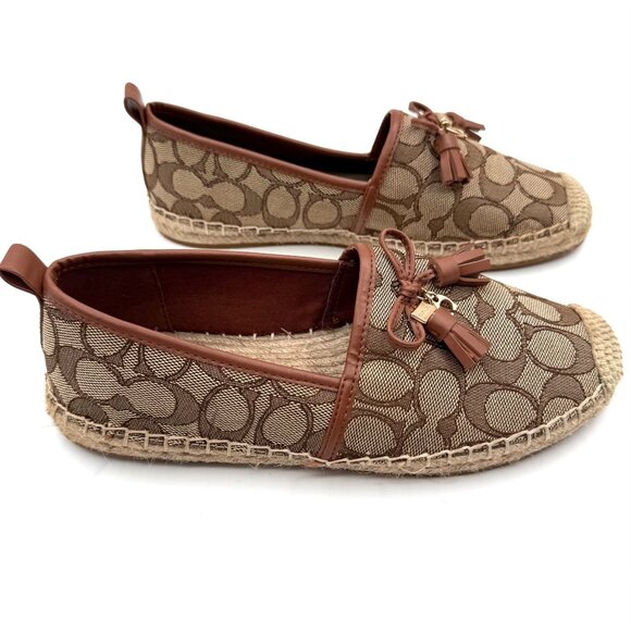 COACH Signature Espadrilles Sz 6B Tan Logo Canvas Bow Tassel Slip On Flats - Picture 4 of 8